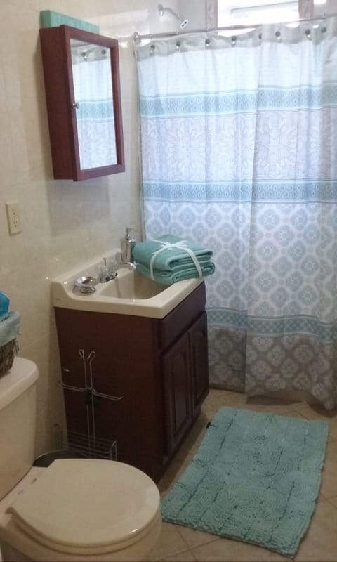 Combined shower/tub, hair dryer, towels, soap