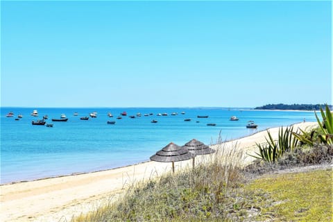 On the beach, sun loungers