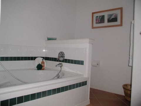 Shower, jetted tub, towels, soap