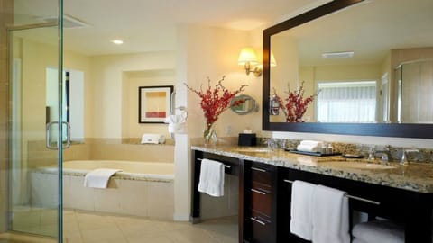 Combined shower/tub, jetted tub, hair dryer, towels