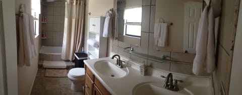 Jetted tub, hair dryer, towels, soap