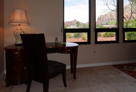 In the living space, check out Chimney Rock from your desk.