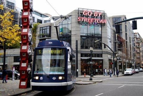 Streetcar goes right by front of building