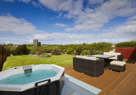 Deck with private hot tub and view of 500yr old castle