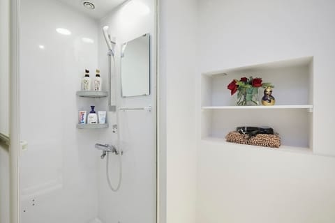 Combined shower/tub, hair dryer, towels, soap