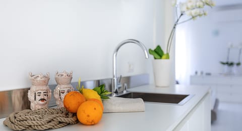 Fridge, stovetop, dishwasher, coffee/tea maker