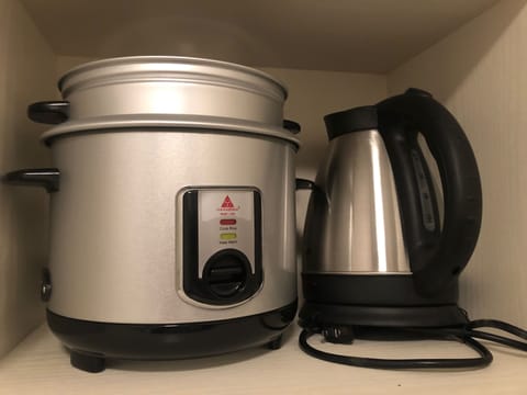 Fridge, microwave, electric kettle, cookware/dishes/utensils