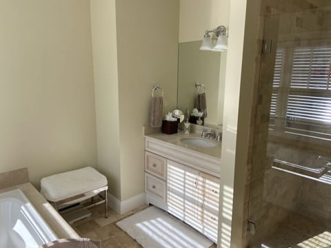 Combined shower/tub, jetted tub, hair dryer, towels