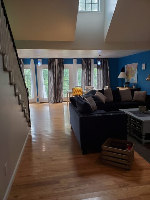 View from kitchen to living room and dining area.