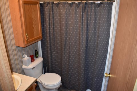 Combined shower/tub, towels, toilet paper