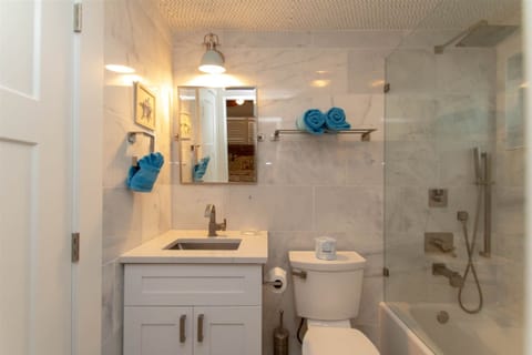 Combined shower/tub, hair dryer, towels