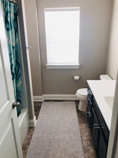 Combined shower/tub, hair dryer, towels, toilet paper