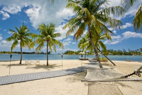 On the beach, sun loungers, beach towels