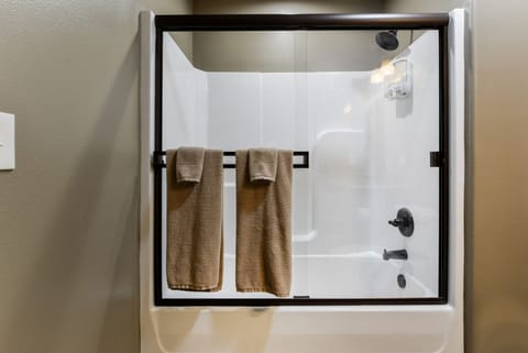 Combined shower/tub, jetted tub, hair dryer, towels