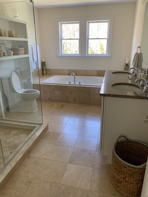 Combined shower/tub, jetted tub, hair dryer, towels