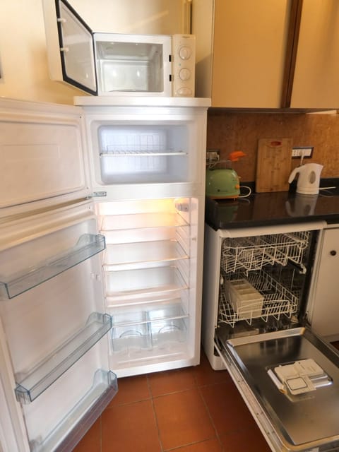 Fridge with freezer, microwave oven, dishwasher, toaster and electric kettle