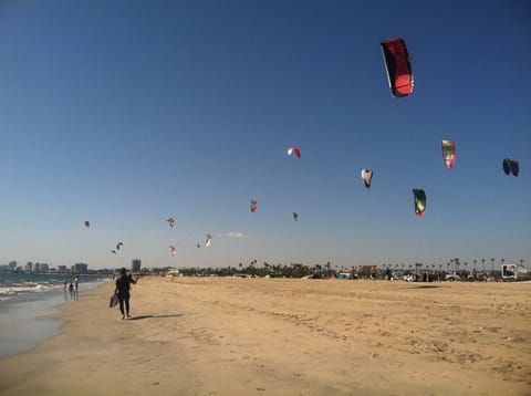 On the beach, sun loungers, beach towels