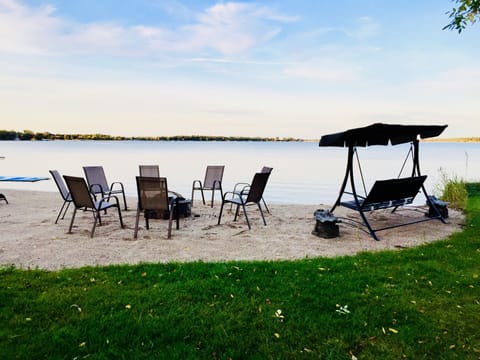 On the beach, sun loungers