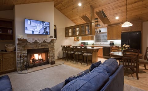 Cozy living room with fireplace and Smart TV.