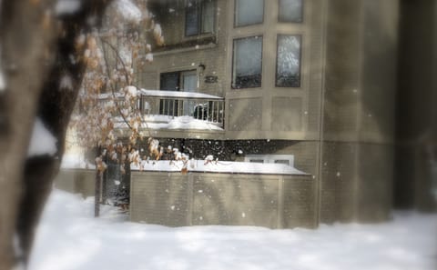 Exterior view of the back patio (lower level) in winter.