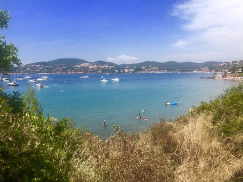 On the beach, sun loungers