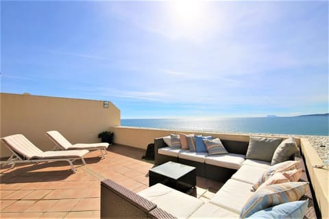 Very large balcony with sun loungers and wonderful views