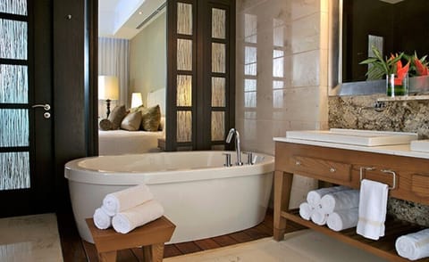 Shower, jetted tub, hair dryer, towels