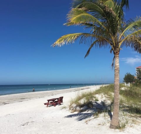 On the beach, sun loungers, beach towels