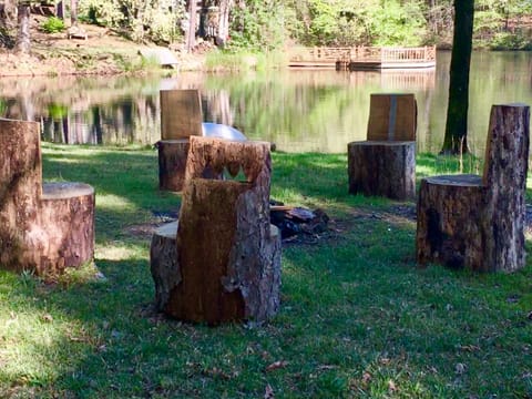 Log chairs and fire pit between the house and lake. 