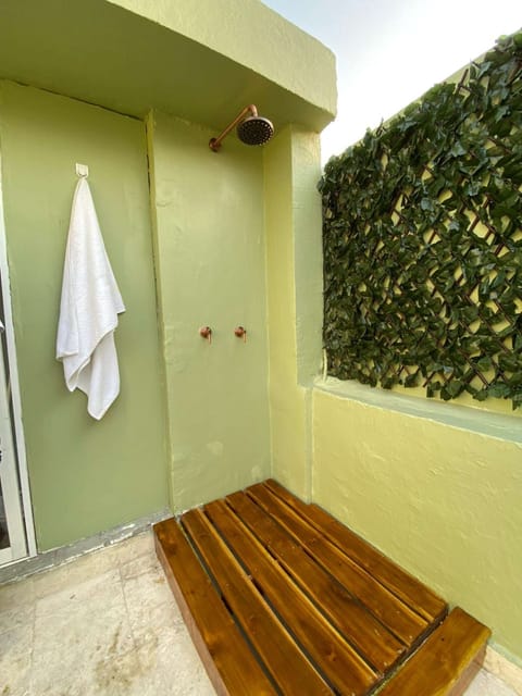 Combined shower/tub, towels