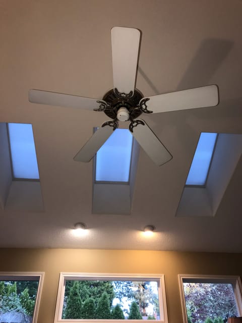 Vaulted ceiling with ceiling fan and skylights with retractable shades