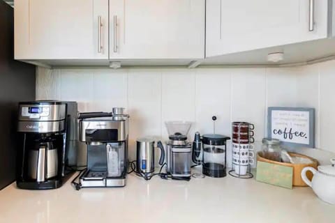 Pot coffee maker, espresso maker, French press, coffee grinder, milk steamer.