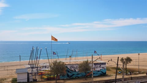 On the beach, sun loungers