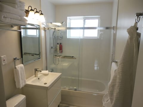 Combined shower/tub, hair dryer, towels, soap