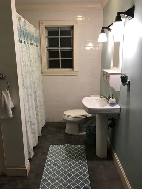 Combined shower/tub, hair dryer, towels, soap