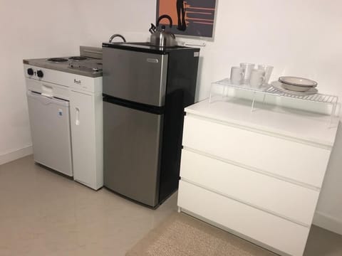 Fridge, microwave, stovetop, electric kettle