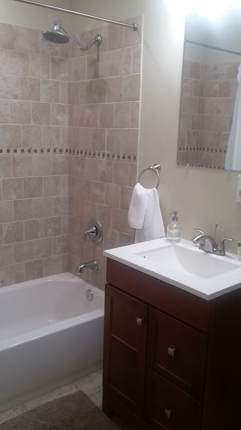 Combined shower/tub, hair dryer, towels, soap