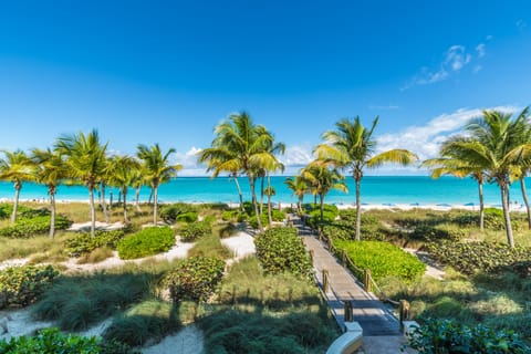 On the beach, sun loungers, beach towels