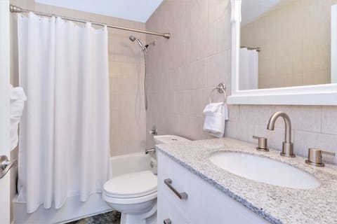 Combined shower/tub, hair dryer, towels, soap