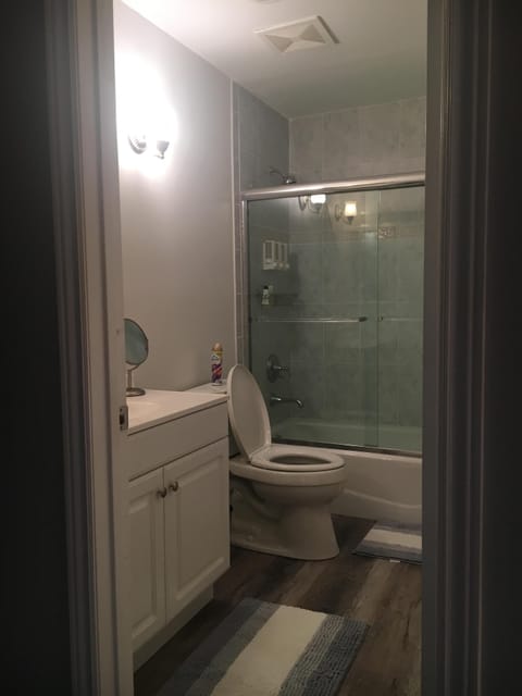 Combined shower/tub, hair dryer, towels