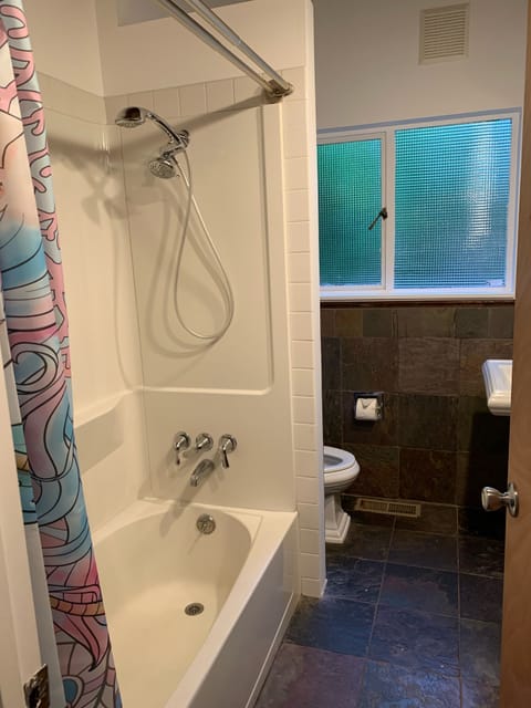 Combined shower/tub, hair dryer, towels, soap