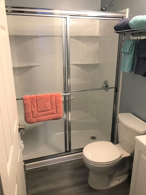 Shower, hair dryer, towels, toilet paper