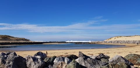 On the beach, sun loungers