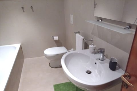 Combined shower/tub, hair dryer, bidet, towels