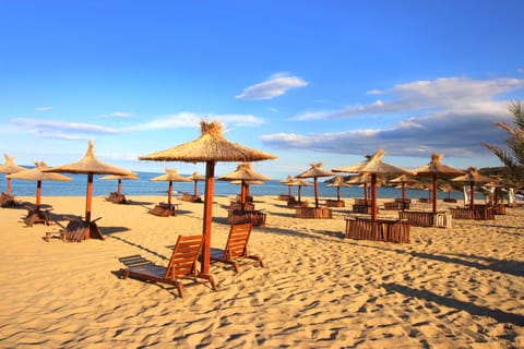 Beach nearby, sun loungers