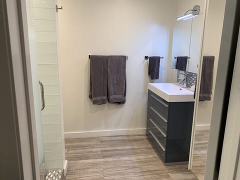 Combined shower/tub, hair dryer, towels, soap