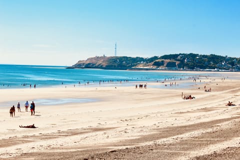 On the beach, sun loungers