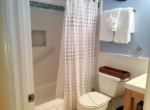 Combined shower/tub, hair dryer, towels, soap