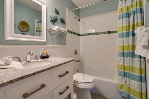 Combined shower/tub, hair dryer, towels