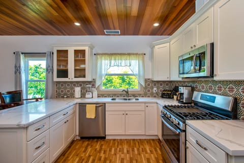 Kitchen with gas stove, built in microwave oven, quartz countertop, dishwasher.